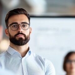 Obraz premium serious man with beard and glasses in an office