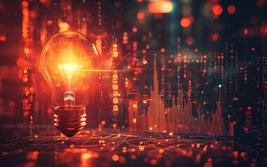 A glowing light bulb and rising bar graph, symbolizing the power of innovative financial strategies and growth, sharp and clean design