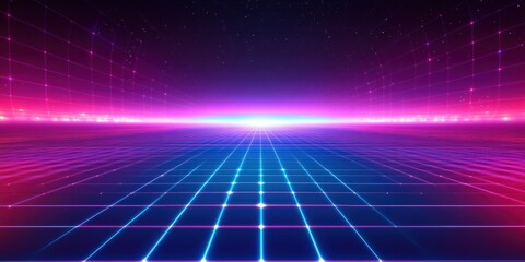 Vibrant Neon Grid Background with Blue and Purple Lighting in a Futuristic Style Perfect for Digital Art and Creative Projects