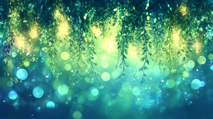Lush hanging greenery illuminated with soft glowing lights, creating a magical and tranquil atmosphere perfect for event backdrops, nature-inspired themes, or dreamy designs