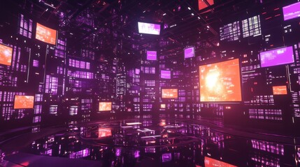 Fototapeta premium 3D digital hologram projecting in a high-tech space, surrounded by floating data screens