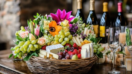Decorative basket filled with fresh fruits, assorted cheeses, and vibrant flowers placed on a rustic wooden table for Shavuot celebration.