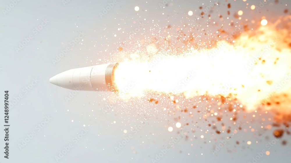Poster rocket engine failure explosion during launch, dynamic display of flames and debris against a stark 