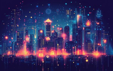 A hightech futuristic city with intelligent buildings, AI, IoT, and 5G networks, glowing structures on a dark blue backdrop, generative AI style