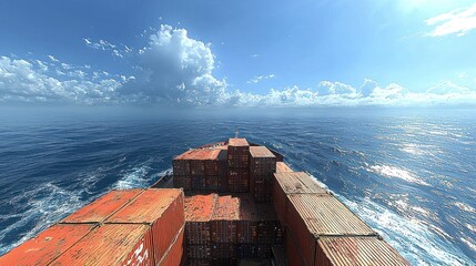 Cargo ship at sea, containers loaded, open ocean, sunny day