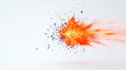 Space Debris Catastrophe, a dramatic collision of space debris resulting in a fiery explosion, vividly illustrating the dangers of orbital waste in a stark white setting.