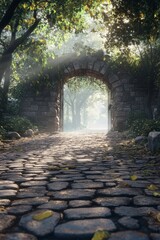 Obraz premium Enchanted Stone Archway in a Serene Forest Pathway at Dawn