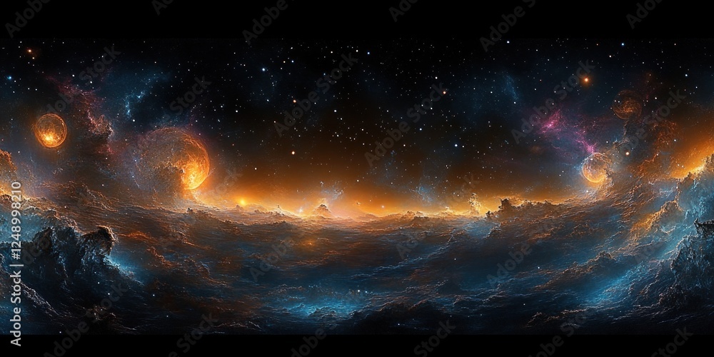 Poster surreal cosmic nebula scene illuminated by ethereal light in vibrant colors of oranges blues and pur