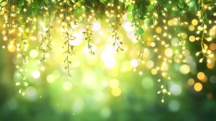 Fototapeta premium Lush hanging greenery illuminated with soft glowing lights, creating a magical and tranquil atmosphere perfect for event backdrops, nature-inspired themes, or dreamy designs