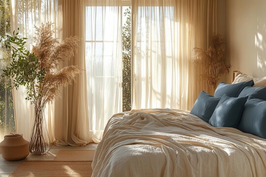 tranquil coastal bedroom with a soft palette featuring navy blue cushions and rustic decor illuminated by warm golden afternoon light streaming through sheer curtains