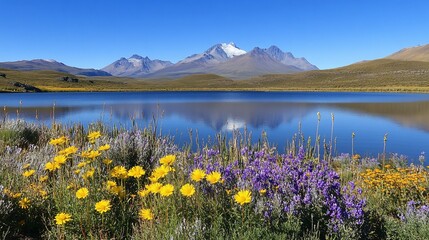 Andean lake, wildflowers, mountain reflection, postcard