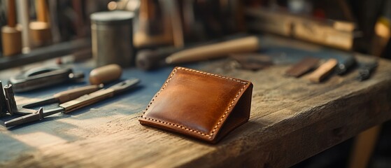 A handcrafted leather wallet sits on a workbench surrounded by tools, showcasing traditional craftsmanship and artisanal skills.