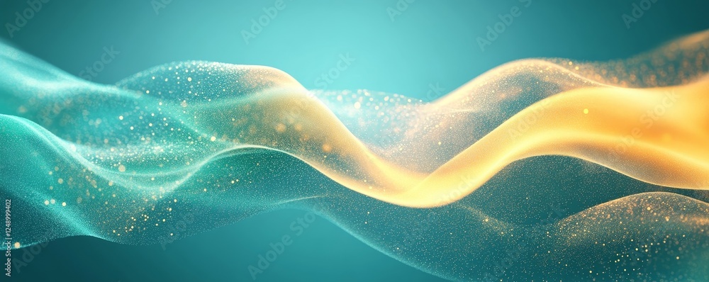 Poster abstract teal and gold flowing waves with sparkling particles. the image evokes a sense of serenity 