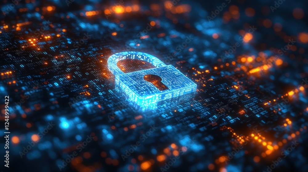 Poster Digital Security Landscape with Glowing Padlock and Binary Code for Cyber Safety and Data Protection