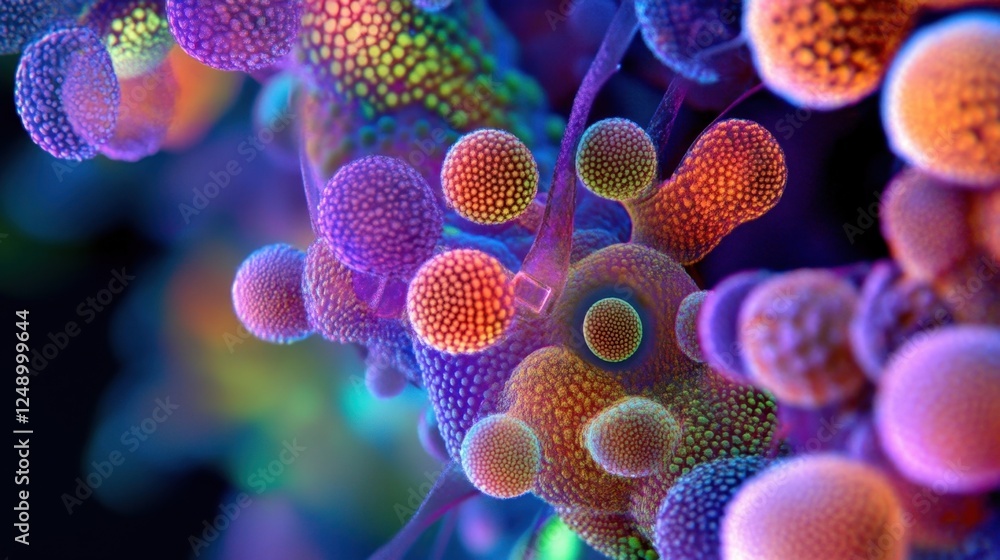 Poster colorful microscopic structures create an abstract and vibrant representation of scientific concepts