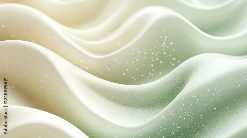 Poster abstract wavy textured surface with a subtle green and beige gradient, adorned with tiny sparkling d