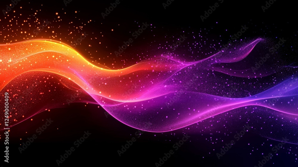 Poster a captivating abstract background with a flow of shimmering red and purple light, against a dark bac