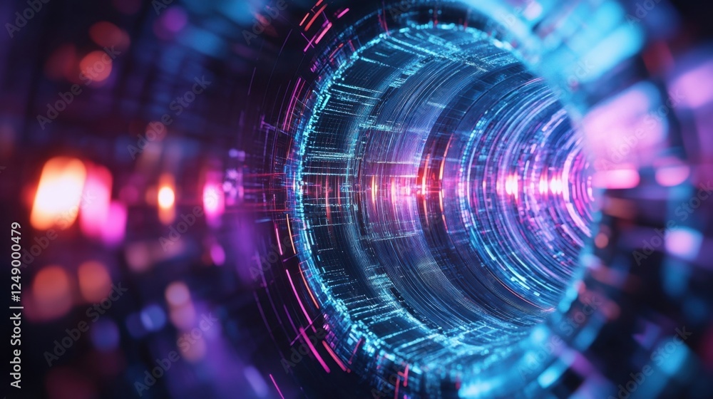 Aufkleber dynamic representation of a futuristic digital tunnel, featuring vibrant neon colors and intricate p