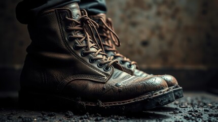 Worn leather boots, weathered and scuffed, sitting on a surface covered with dirt and debris, close-up.