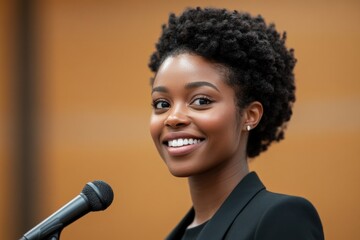 confident woman speaking into microphone