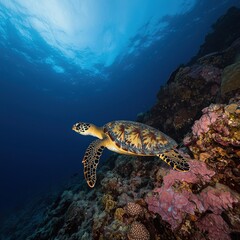 Obraz premium Hawksbill turtle swimming near a vibrant coral reef teeming with marine life