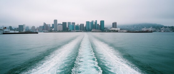 A city skyline looms under an overcast sky with wake patterns trailing behind a ferry, blending urban life with serene maritime elements.