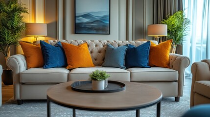 Elegant Living Room Interior Design with Beige Sofa and Colorful Pillows
