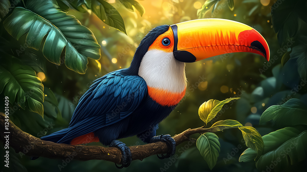 Poster a colorful toucan perches on a branch while gazing intently at the viewer surrounded by the vibrant 