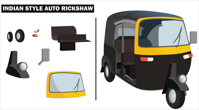 Indian Auto Rikshaw Vector Illustration, tuk tuk drawing, CNG auto rikshaw, Indian three wheeler taxi, Auto rickshaw front view and side view, Illustration of Auto Ricksha vector art