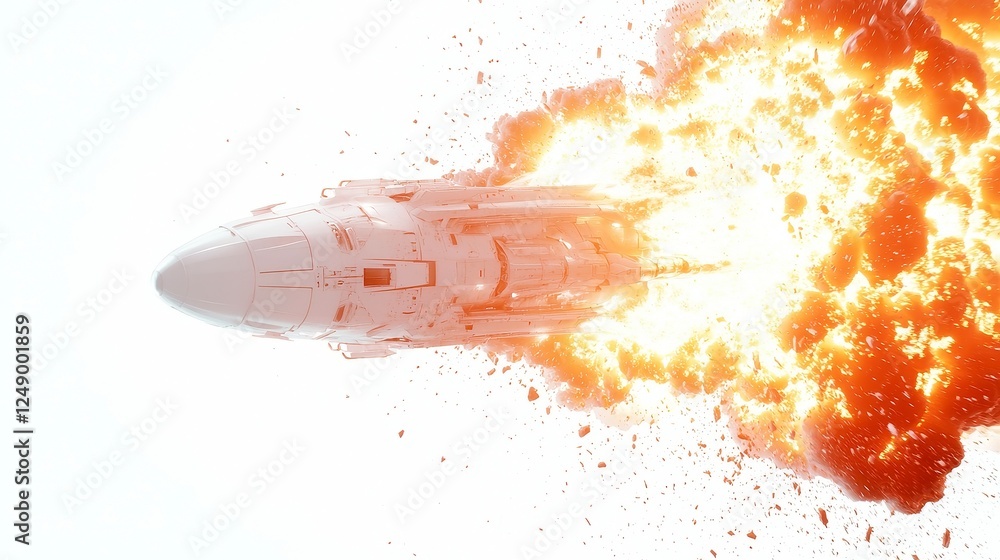 Poster burning spaceship crash, a dramatic scene of a spacecraft disintegrating upon re-entry, surrounded b