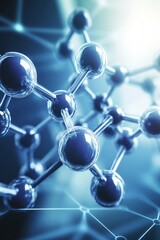 Detailed close up of a molecular structure, showcasing interconnected spheres and lines in dark blue and light gray tones, evoking a sense of