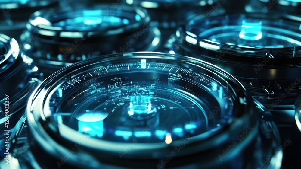 Poster high tech digital interfaces with glowing blue circuitry convey advanced scientific technology and i