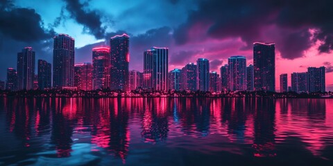 Fototapeta premium view of Miami, Florida skyline and bay framed by palm tree 
