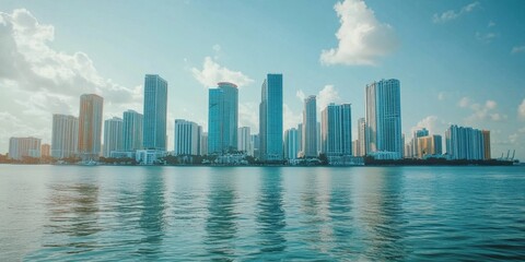 Fototapeta premium view of Miami, Florida skyline and bay framed by palm tree 
