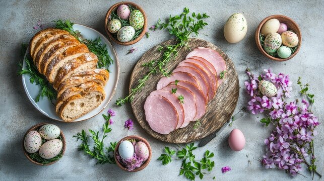 Festive Easter flat lay with sliced ham, traditional bread, and pastel-colored eggs arranged with spring herbs.