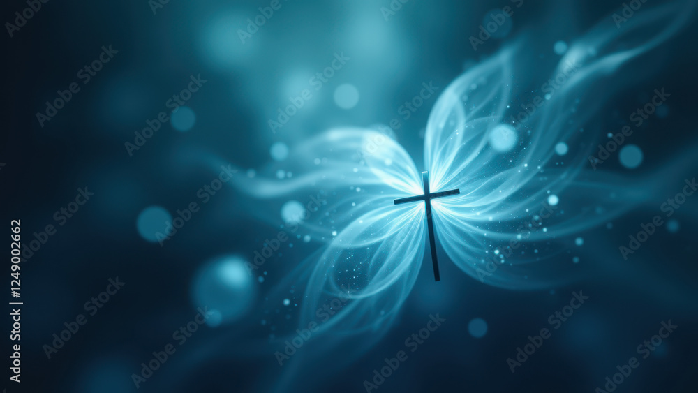Poster a butterfly with a cross on its body, set against a blurred background with floating lights.