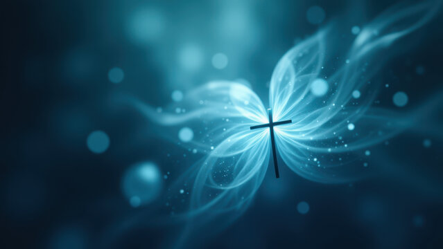 A butterfly with a cross on its body, set against a blurred background with floating lights.