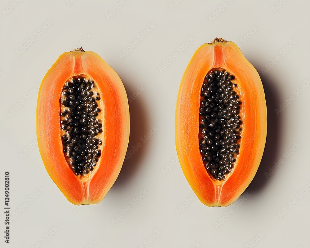 Poster two halved papayas displaying numerous dark seeds on a plain backdrop