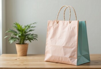 A plain eco-friendly shopping bag on a wooden table, next to a potted plant, emphasizing sustainable living and eco-conscious choices.