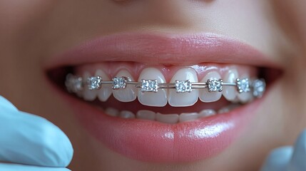 Close-Up of Braces on Upper Teeth with Dental Gloves