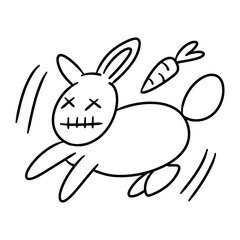 A cartoon rabbit runs with a carrot, line art style. Playful, energetic, and whimsical. Perfect for children's designs, Easter, or spring themes