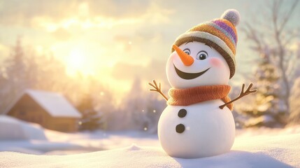 Obraz premium Cheerful Snowman with Colorful Hat in Winter Landscape at Sunset