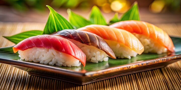 Delicious Chutoro Nigiri Sushi Plate with Natural Light, Long Exposure Photography