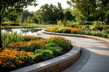 Obraz premium Vibrant community park with scenic pathways and flower beds