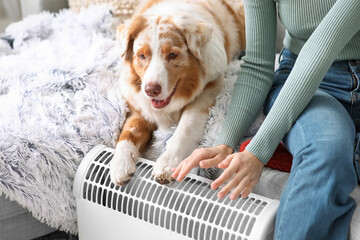 Young woman with Australian Shepherd dog heating near radiator at home, closeup