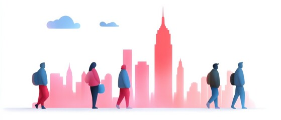 people walking in city with skyline