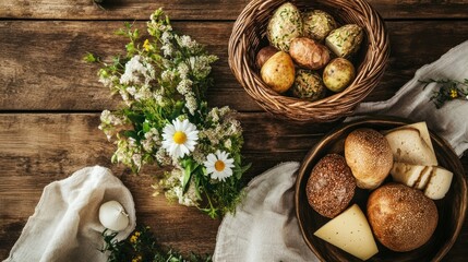 Flat lay of a Shavuot-themed table with a basket of fruits, cheese, and fresh flowers on a wooden background.