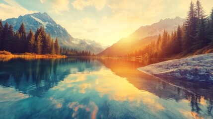 Calm mountain lake reflecting golden sunset light, surrounded by evergreen trees and snow capped peaks, creating a serene and picturesque landscape