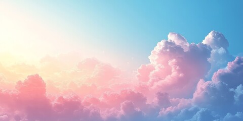 a dreamy sky with fluffy clouds illuminated by a golden sunset. The sky is a mixture of soft pastel pinks, blues and oranges.