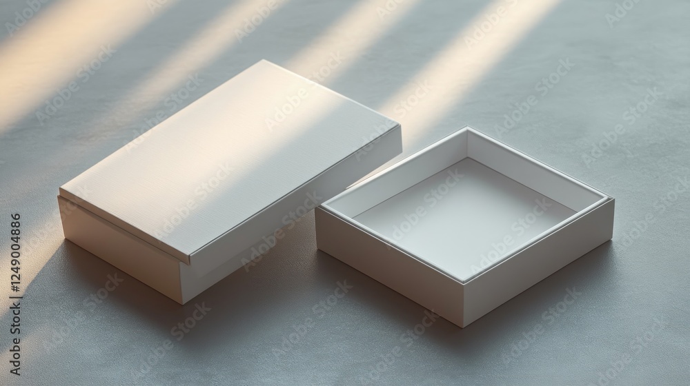 Poster minimalist open and closed white box mockup on smooth surface with soft natural lighting for packagi